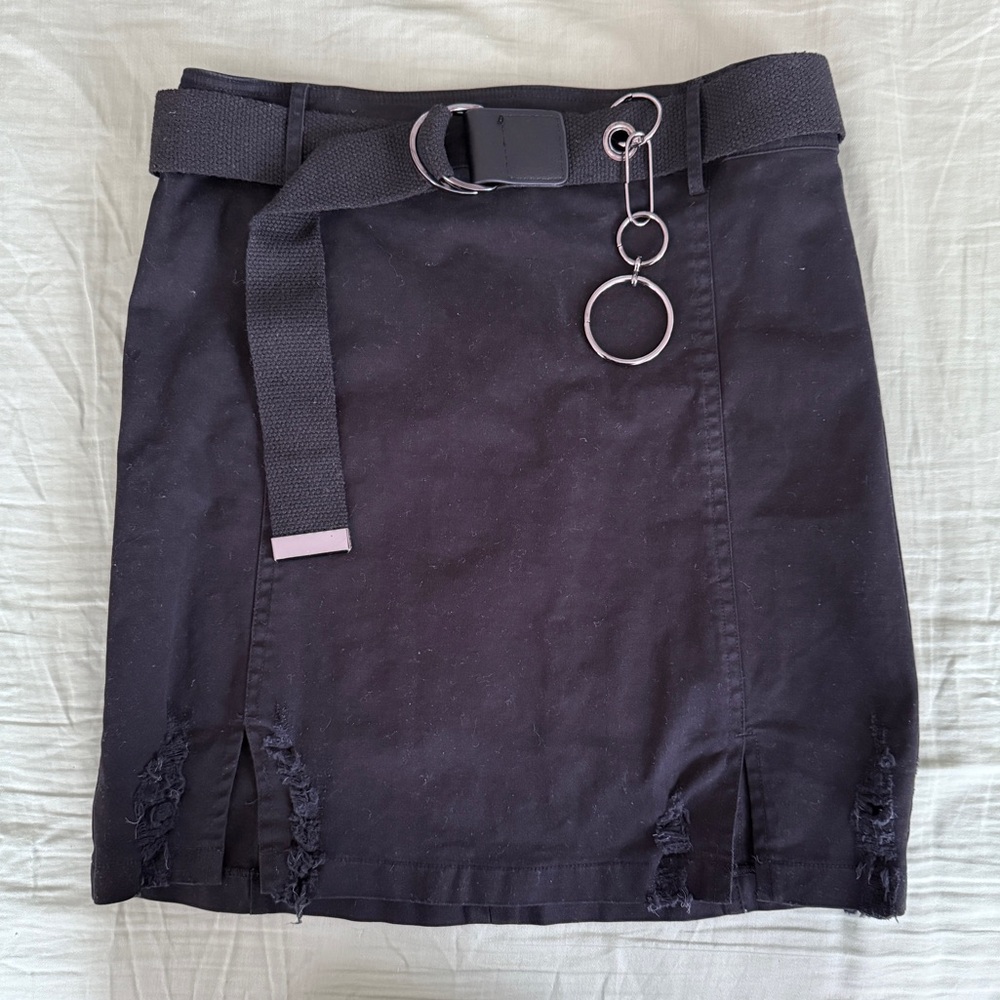 LF Carmar Black Distressed Slit Mini Skirt with Metal Chain Wide Fabric Belt